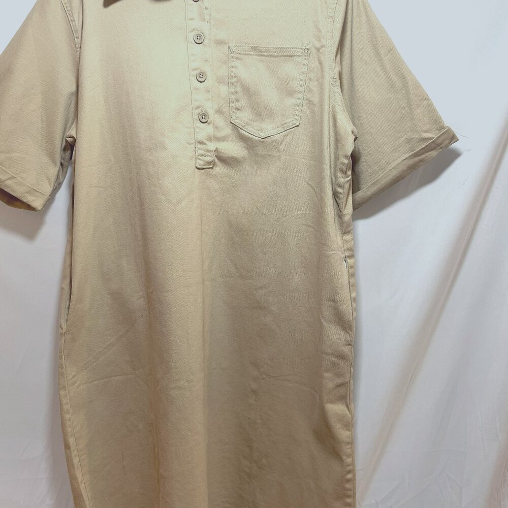 Women’s khaki jean dress mid-length, stylish with boots or sandals-Large